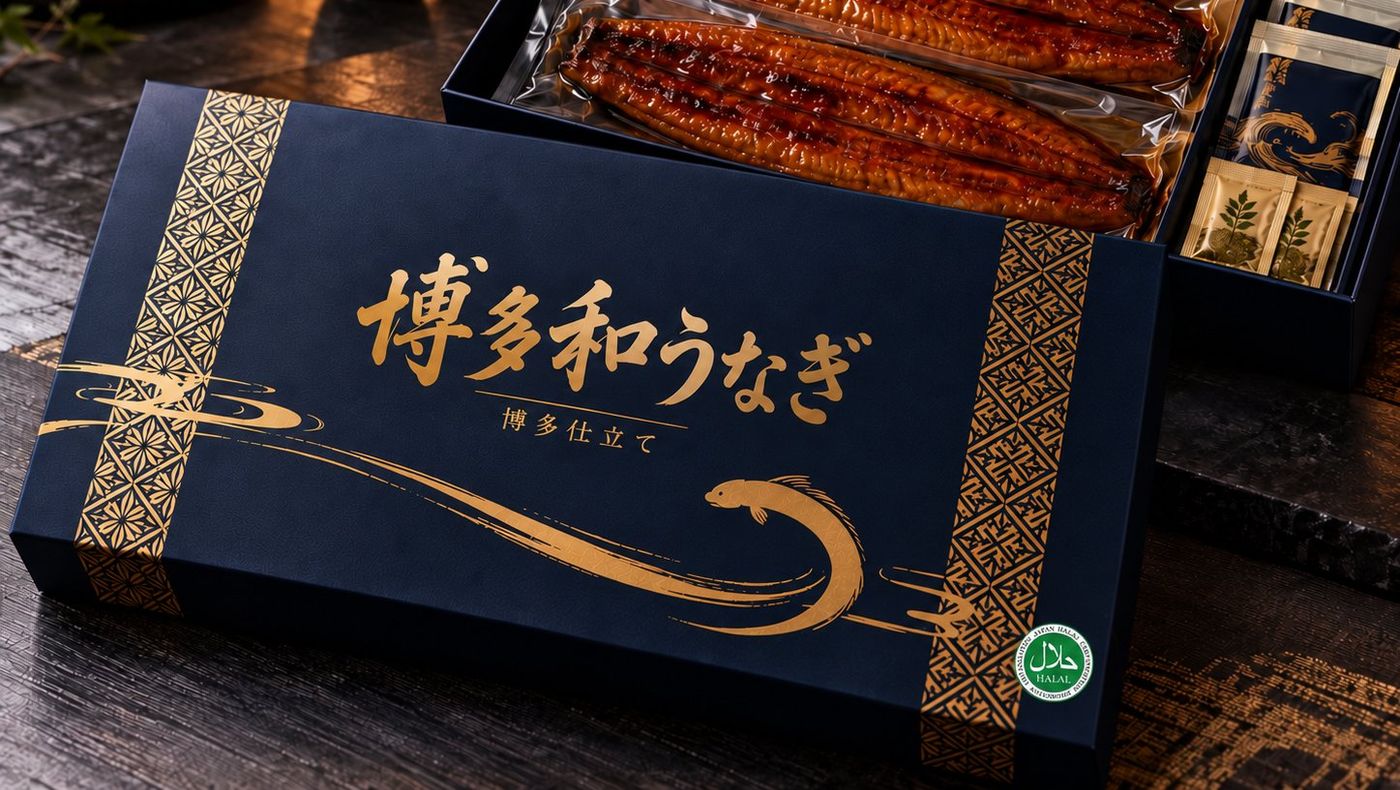 国産 博多和うなぎの化粧箱と、照りのあるうなぎ
